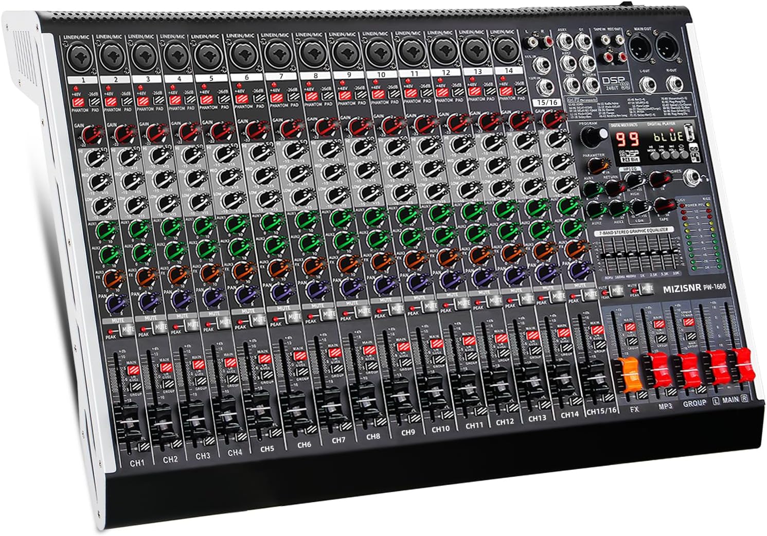 16 Channel Audio Mixer Professional Sound Mixing Board with 99 DSP Effects, 7-band EQ Digital DJ Mixer Console w/USB Bluetooth MP3 for Recording, Independent 48V Power & Mute Button