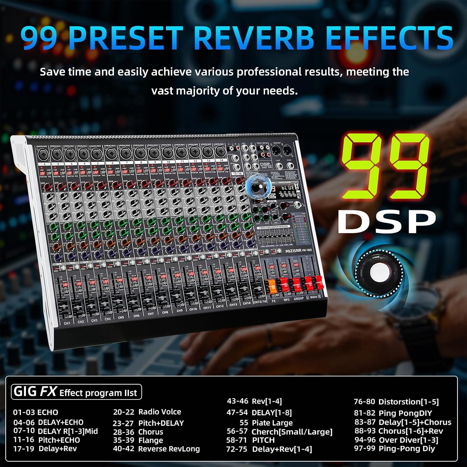 16 Channel Audio Mixer Professional Sound Mixing Board with 99 DSP Effects, 7-band EQ Digital DJ Mixer Console w/USB Bluetooth MP3 for Recording, Independent 48V Power & Mute Button - Image 3