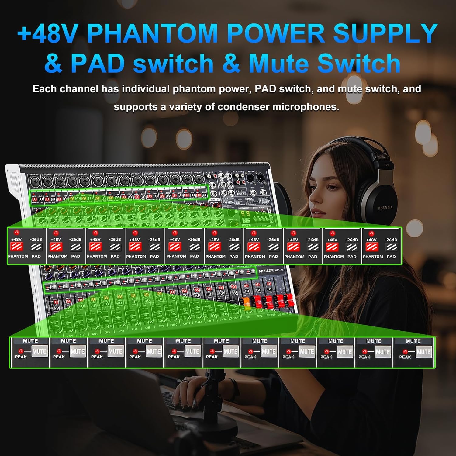 16 Channel Audio Mixer Professional Sound Mixing Board with 99 DSP Effects, 7-band EQ Digital DJ Mixer Console w/USB Bluetooth MP3 for Recording, Independent 48V Power & Mute Button - Image 4