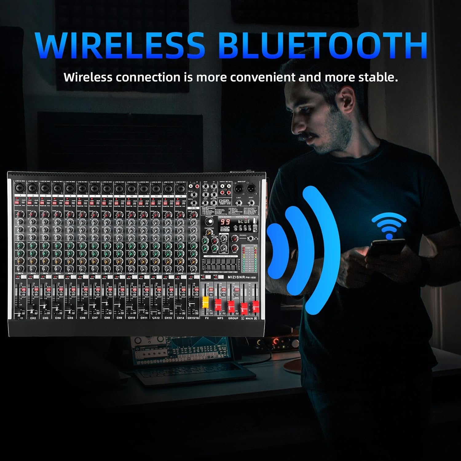 16 Channel Audio Mixer Professional Sound Mixing Board with 99 DSP Effects, 7-band EQ Digital DJ Mixer Console w/USB Bluetooth MP3 for Recording, Independent 48V Power & Mute Button - Image 7