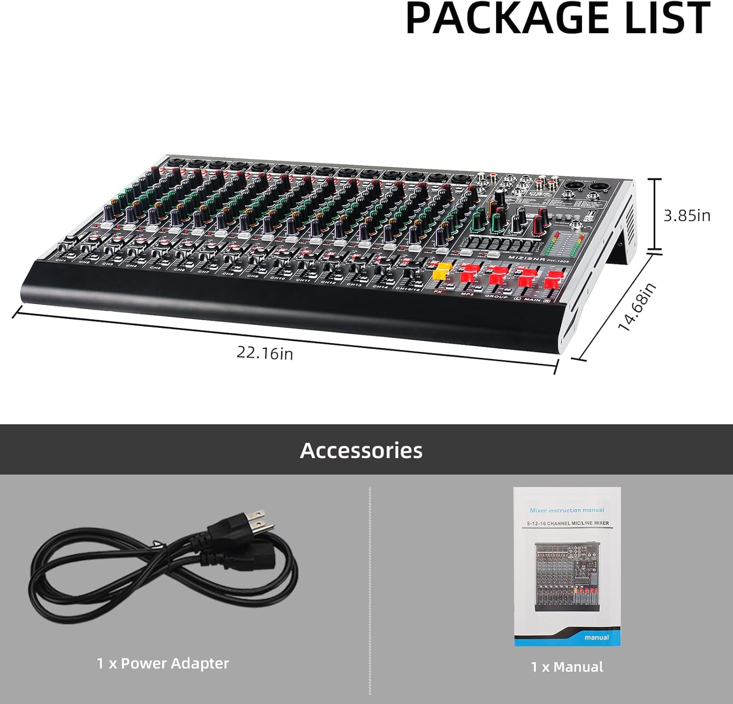 16 Channel Audio Mixer Professional Sound Mixing Board with 99 DSP Effects, 7-band EQ Digital DJ Mixer Console w/USB Bluetooth MP3 for Recording, Independent 48V Power & Mute Button - Image 9