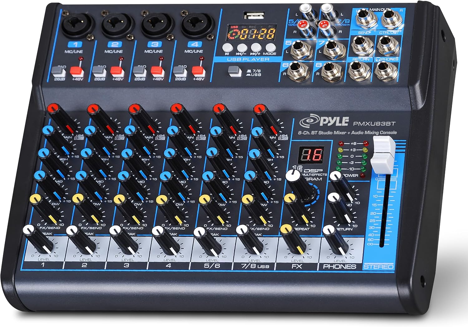 Pyle Professional 8 Channel Audio Mixer with Bluetooth - DJ Sound Board - USB Computer Input - Built-in MP3 Player - 48V Phantom Power - 3 Band EQ - 16-Bit DSP FX - Band, Studio Ready - PMXU83BT | +48V Phantom Power, 16Bit DSP Processor, USB-A MP3 Player