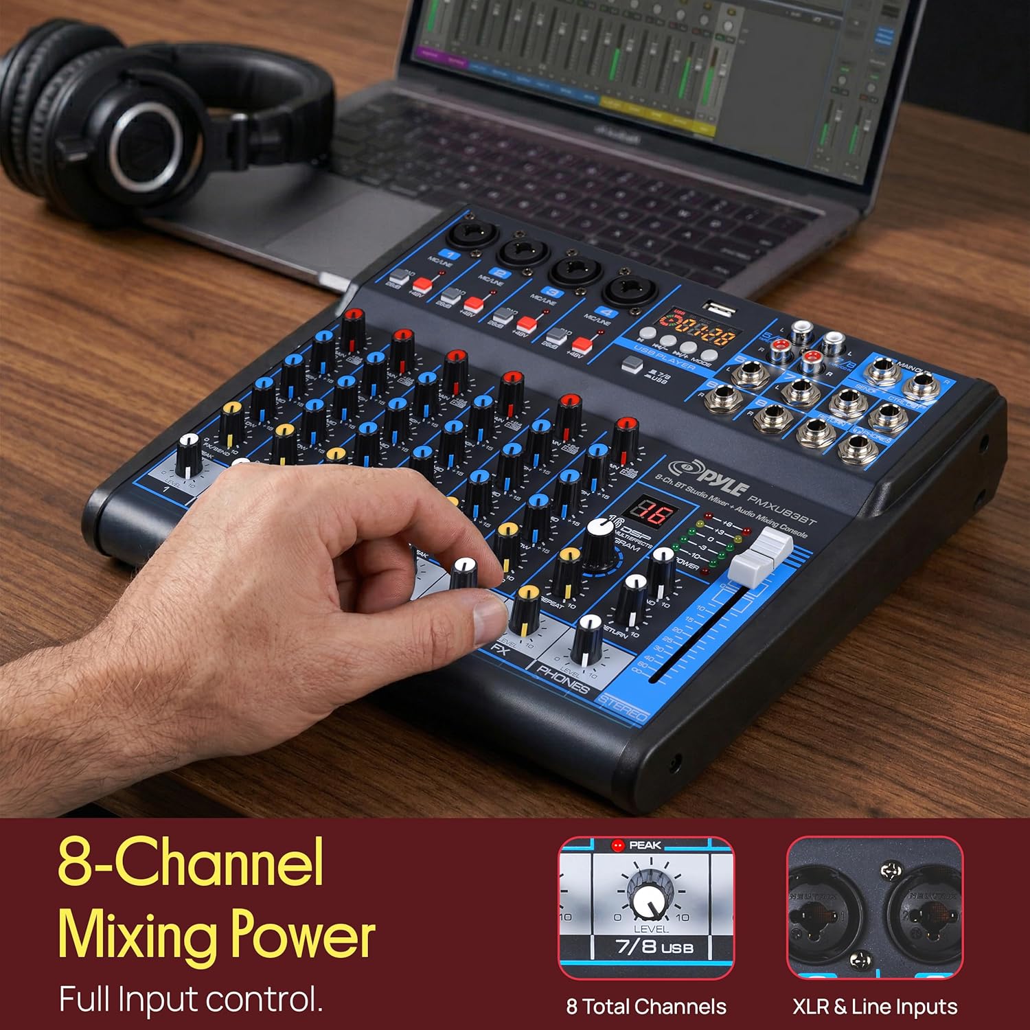 Pyle Professional 8 Channel Audio Mixer with Bluetooth - DJ Sound Board - USB Computer Input - Built-in MP3 Player - 48V Phantom Power - 3 Band EQ - 16-Bit DSP FX - Band, Studio Ready - PMXU83BT | +48V Phantom Power, 16Bit DSP Processor, USB-A MP3 Player - Image 2