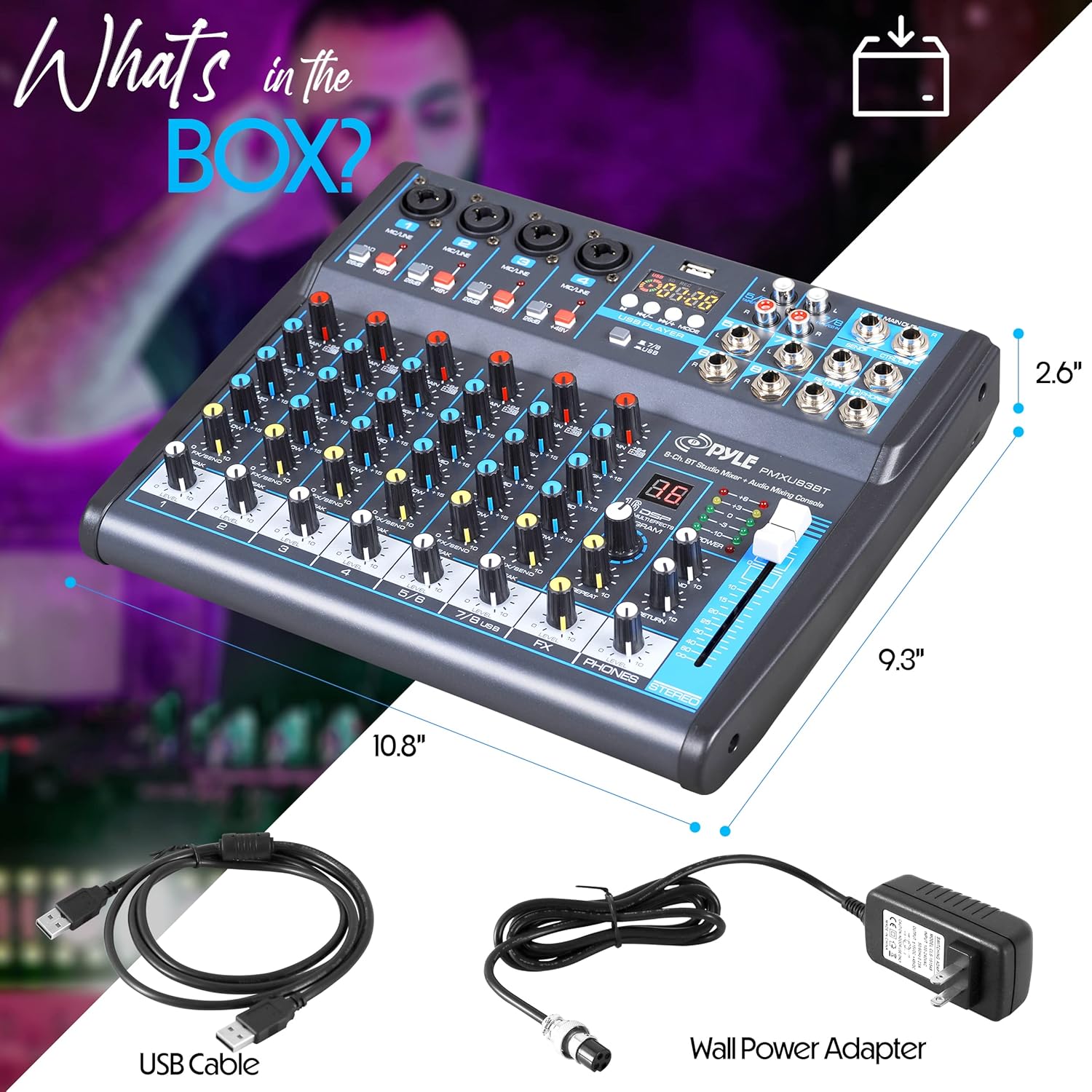 Pyle Professional 8 Channel Audio Mixer with Bluetooth - DJ Sound Board - USB Computer Input - Built-in MP3 Player - 48V Phantom Power - 3 Band EQ - 16-Bit DSP FX - Band, Studio Ready - PMXU83BT | +48V Phantom Power, 16Bit DSP Processor, USB-A MP3 Player - Image 3