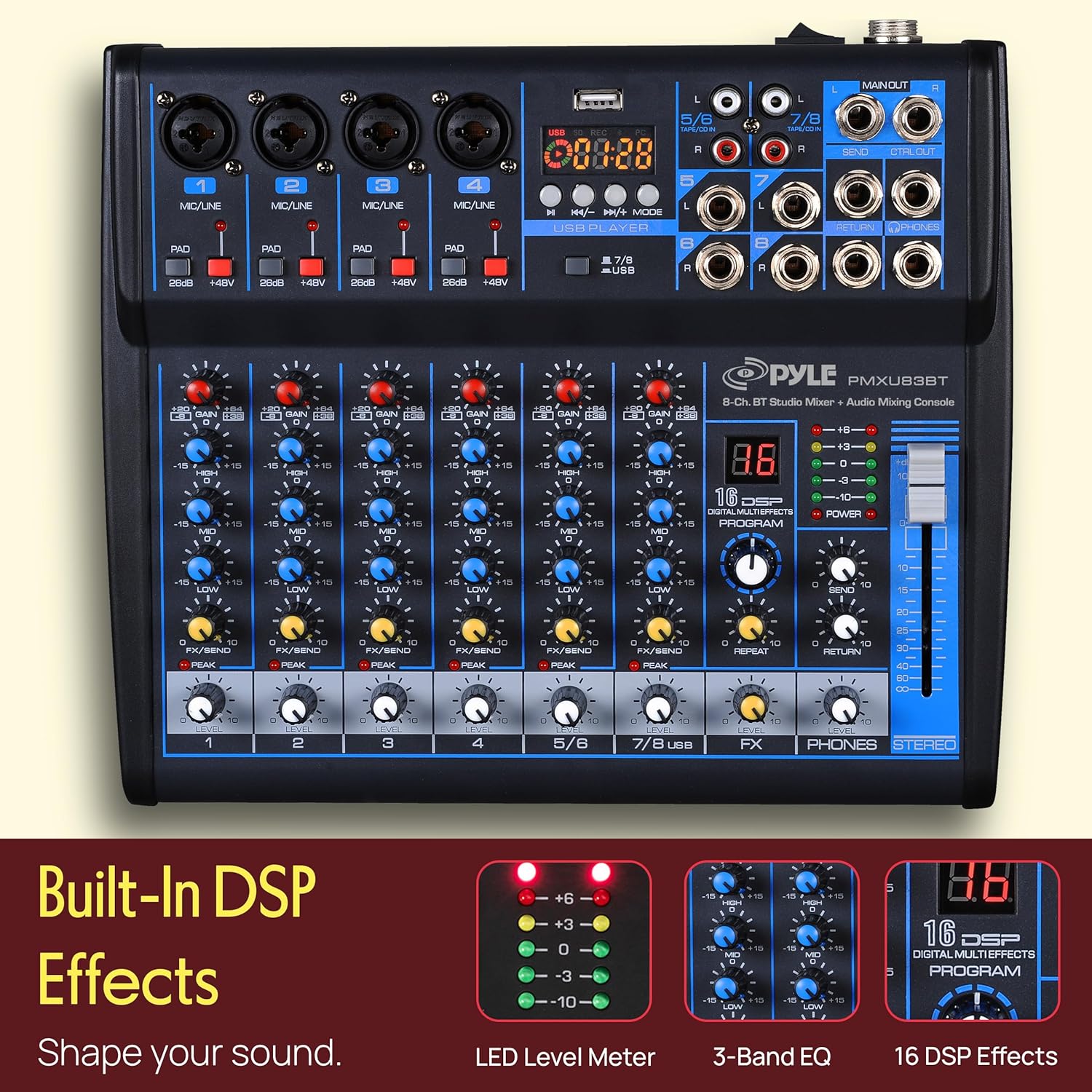 Pyle Professional 8 Channel Audio Mixer with Bluetooth - DJ Sound Board - USB Computer Input - Built-in MP3 Player - 48V Phantom Power - 3 Band EQ - 16-Bit DSP FX - Band, Studio Ready - PMXU83BT | +48V Phantom Power, 16Bit DSP Processor, USB-A MP3 Player - Image 4