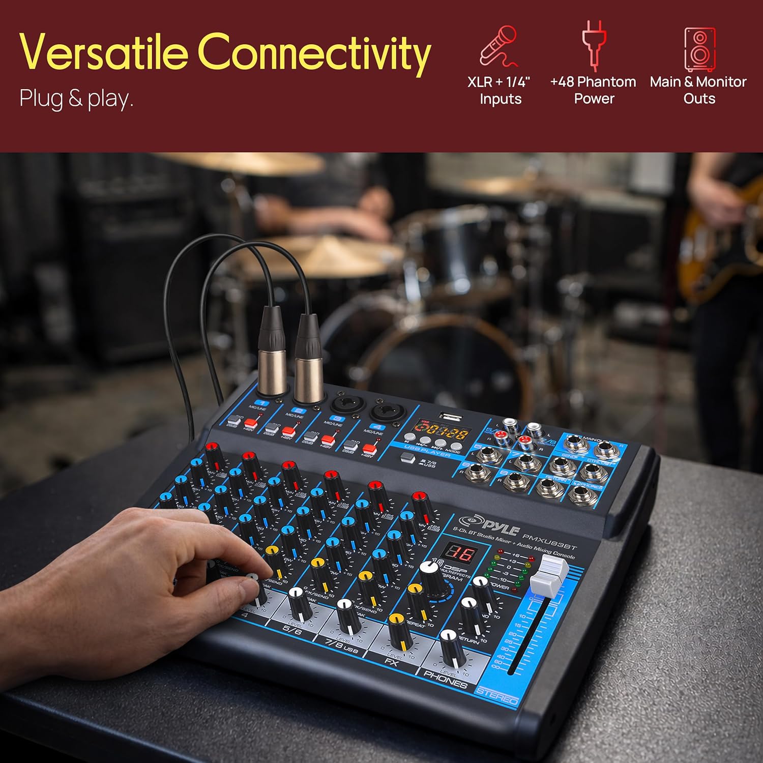 Pyle Professional 8 Channel Audio Mixer with Bluetooth - DJ Sound Board - USB Computer Input - Built-in MP3 Player - 48V Phantom Power - 3 Band EQ - 16-Bit DSP FX - Band, Studio Ready - PMXU83BT | +48V Phantom Power, 16Bit DSP Processor, USB-A MP3 Player - Image 5