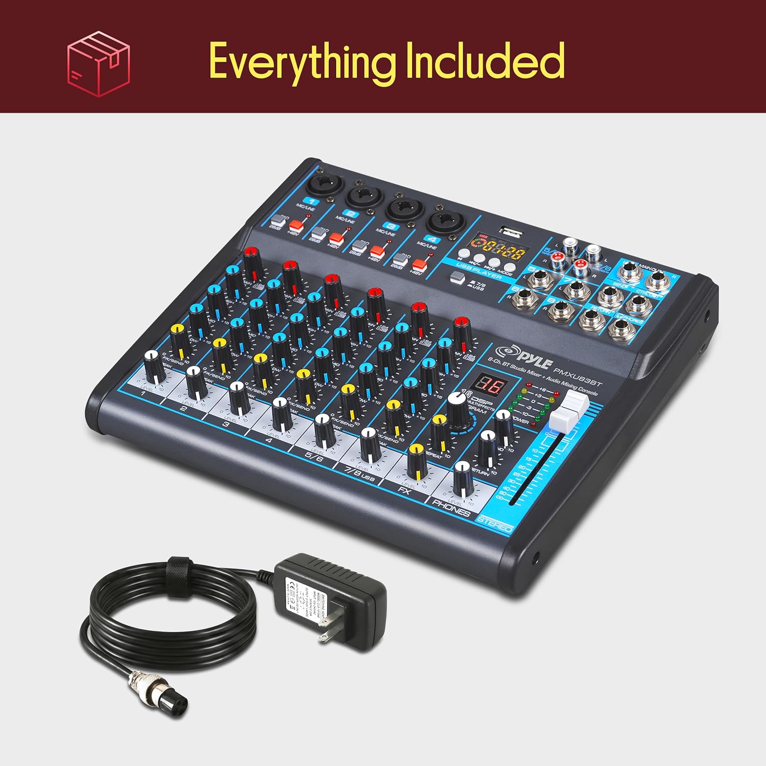 Pyle Professional 8 Channel Audio Mixer with Bluetooth - DJ Sound Board - USB Computer Input - Built-in MP3 Player - 48V Phantom Power - 3 Band EQ - 16-Bit DSP FX - Band, Studio Ready - PMXU83BT | +48V Phantom Power, 16Bit DSP Processor, USB-A MP3 Player - Image 8